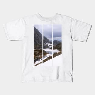 Wonderful landscapes in Norway. Vestland. Beautiful scenery on the Ryfylke scenic route. Mountains, rocks and snow in background. Cloudy day (vertical) Kids T-Shirt